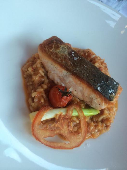 Sundried tomato and Vegetable risotto with Grilled Salmon